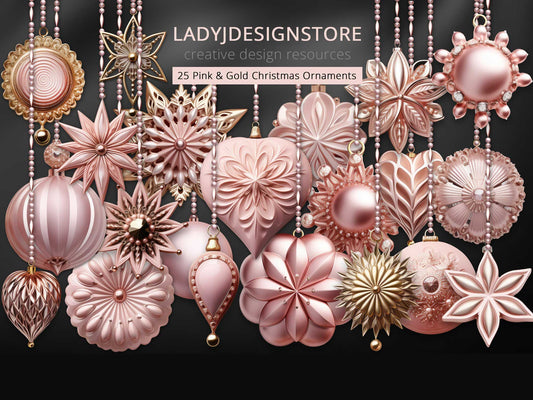 Gold & Pink Christmas Ornaments PNG ladyjdesignstore