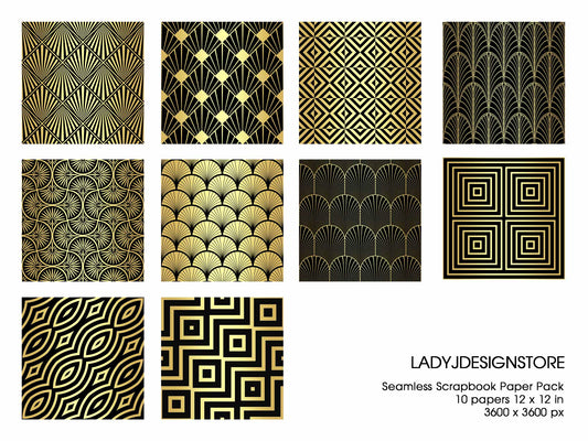 Black Gold Art Deco Seamless Foil Background | Digital Paper Pack