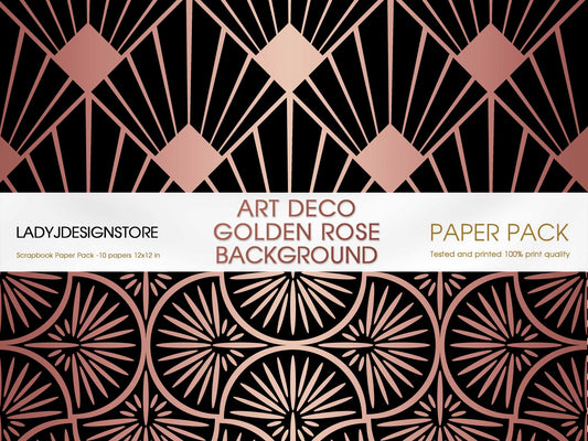 Black Rose Art Deco Gold Seamless Foil Background | Digital Paper Pack