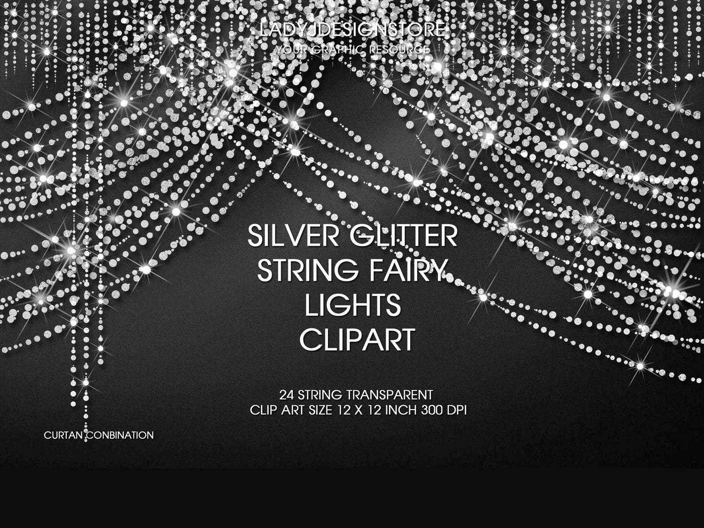 Silver Glitter String Fairy Lights Overlay PNG