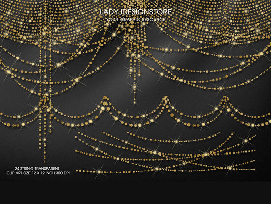 Gold Glitter String Fairy Lights Overlay PNG