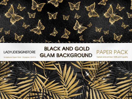 Black and Gold Glam Digital Paper – Luxury Black Gold Textures & Glitter Backgrounds