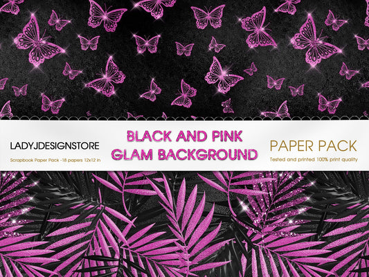 Black and Pink Glam Digital Paper – Luxury Black Pink Textures & Glitter Backgrounds ladyjdesignstore