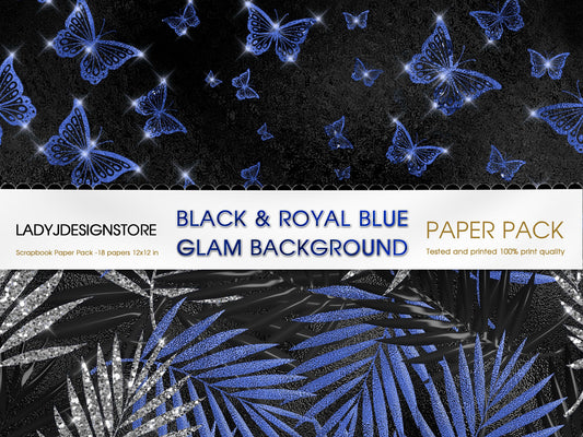 Black and Royal Blue Glam Digital Paper – Luxury Glitter Backgrounds ladyjdesignstore