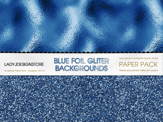 Blue Foil Glitter Digital Paper | Seamless Digital Paper Pack