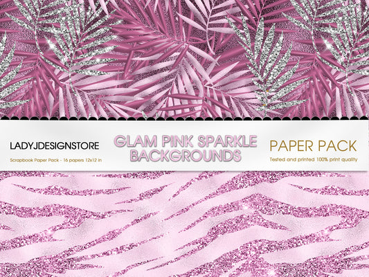 Silver and Pink Glam Digital Paper – Luxury Silver Pink Textures & Glitter Backgrounds