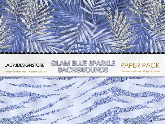 Silver and Blue Glam Digital Paper – Luxury Silver Pink Textures & Glitter Backgrounds
