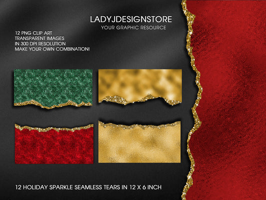 LadyJDesignStore's Holiday Glitter Sparkle Torn Paper Tears Clipart, featuring a collection of gold, green, and red glittery torn paper edges.