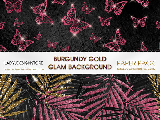 Black and Burgundy Glam Digital Paper – Luxury Burgundy Gold Glitter Backgrounds