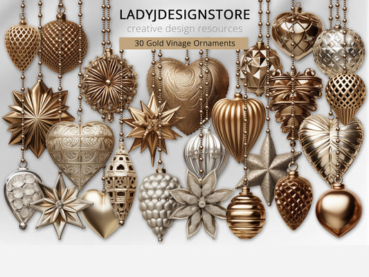 Vintage Gold Christmas Ornaments PNG ladyjdesignstore