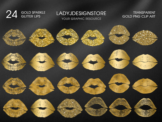 Gold Sparkle Glitter Foil Lips PNG ladyjdesignstore