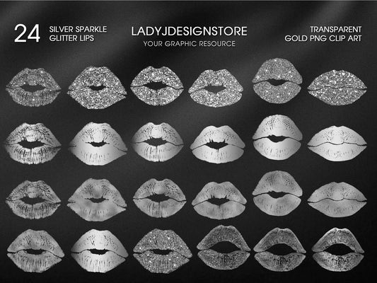 Silver Sparkle Glitter Foil Lips PNG ladyjdesignstore