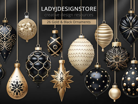 Gold & Black Christmas Ornaments PNG Clipart