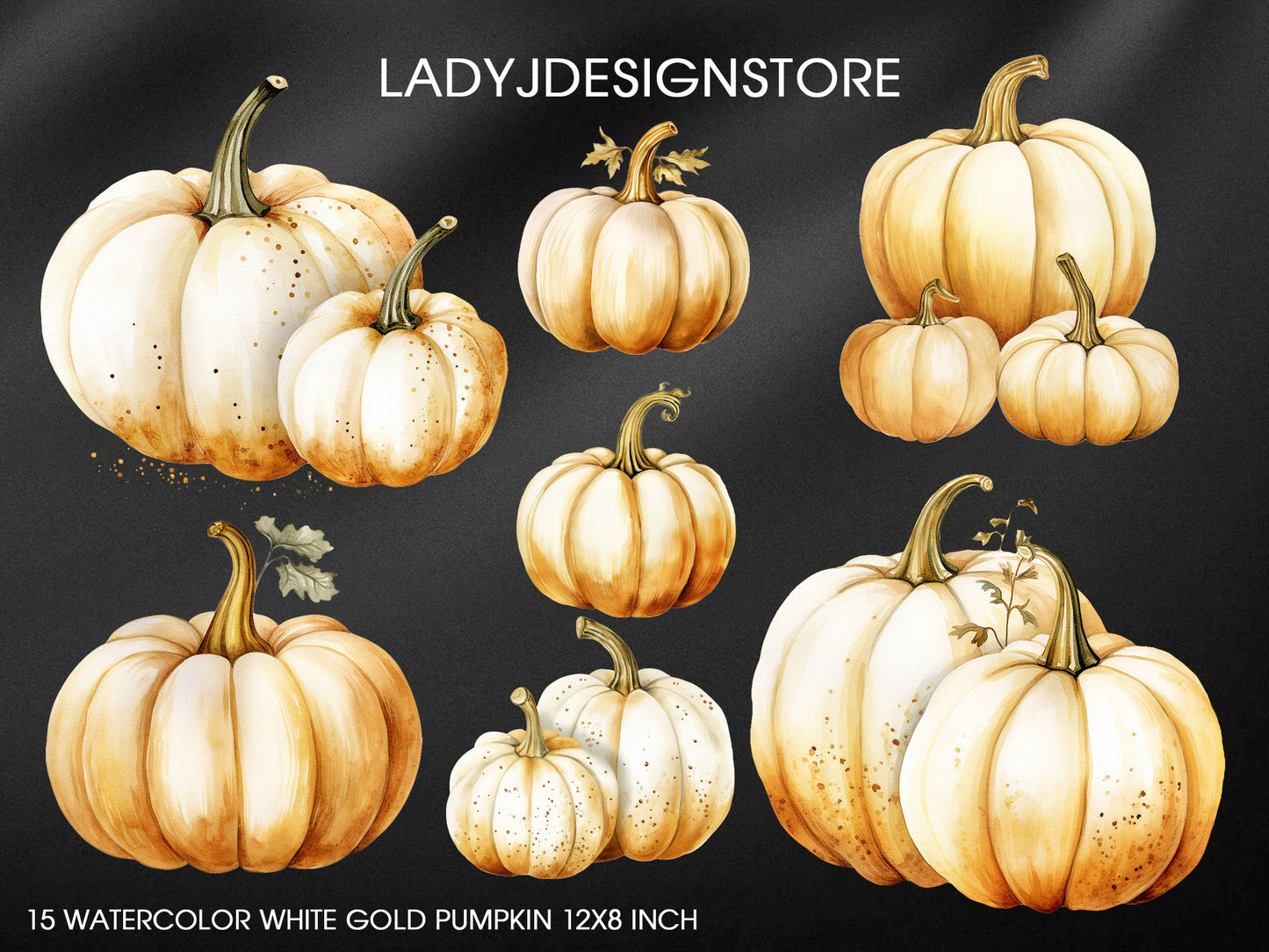 Watercolor White Gold Pumpkin Clip Art | Elegant Glitter Gold Pumpkins PNG Set for Fall, Halloween, Thanksgiving – LadyJDesignStore