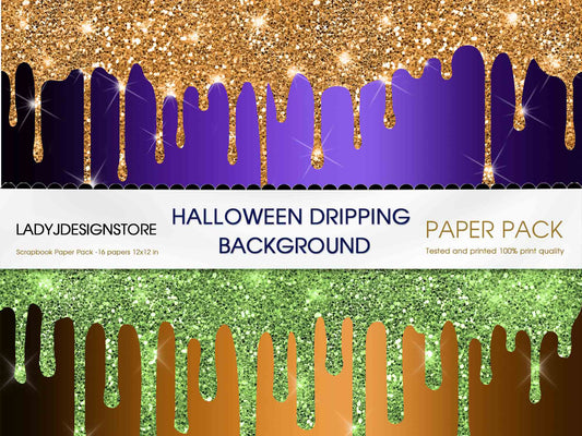 Sparkly Halloween Dripping Foil Digital Paper Pack | Gold Green Purple Glitter Drip Textures for Halloween Crafts & Invitations – LadyJDesignStore