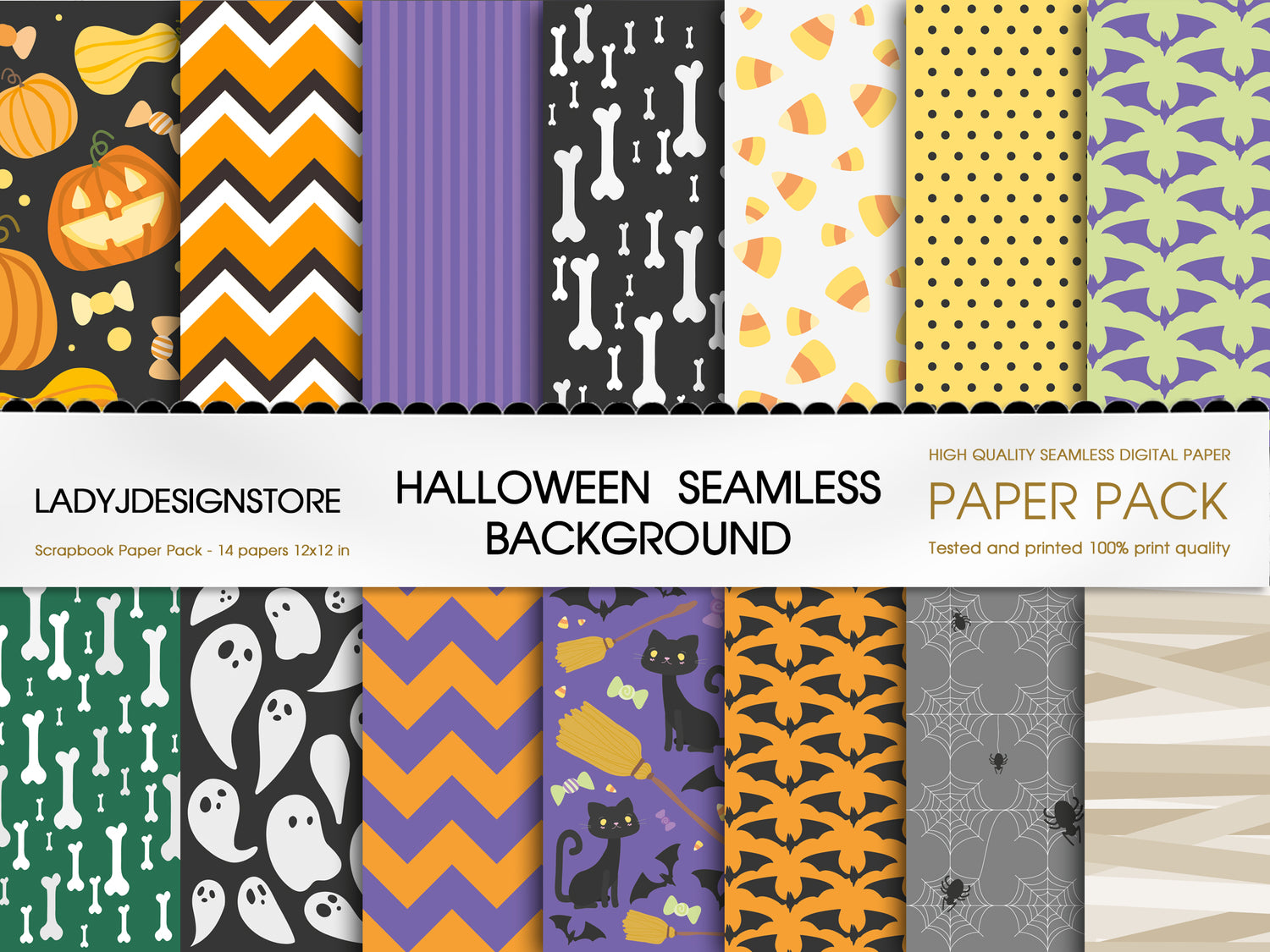 Halloween Spooky Printable Papers | 14 Digital Backgrounds with Pumpkins, Bats, Bones & Ghosts | 12x12” Halloween Digital Paper Pack | 300 DPI
