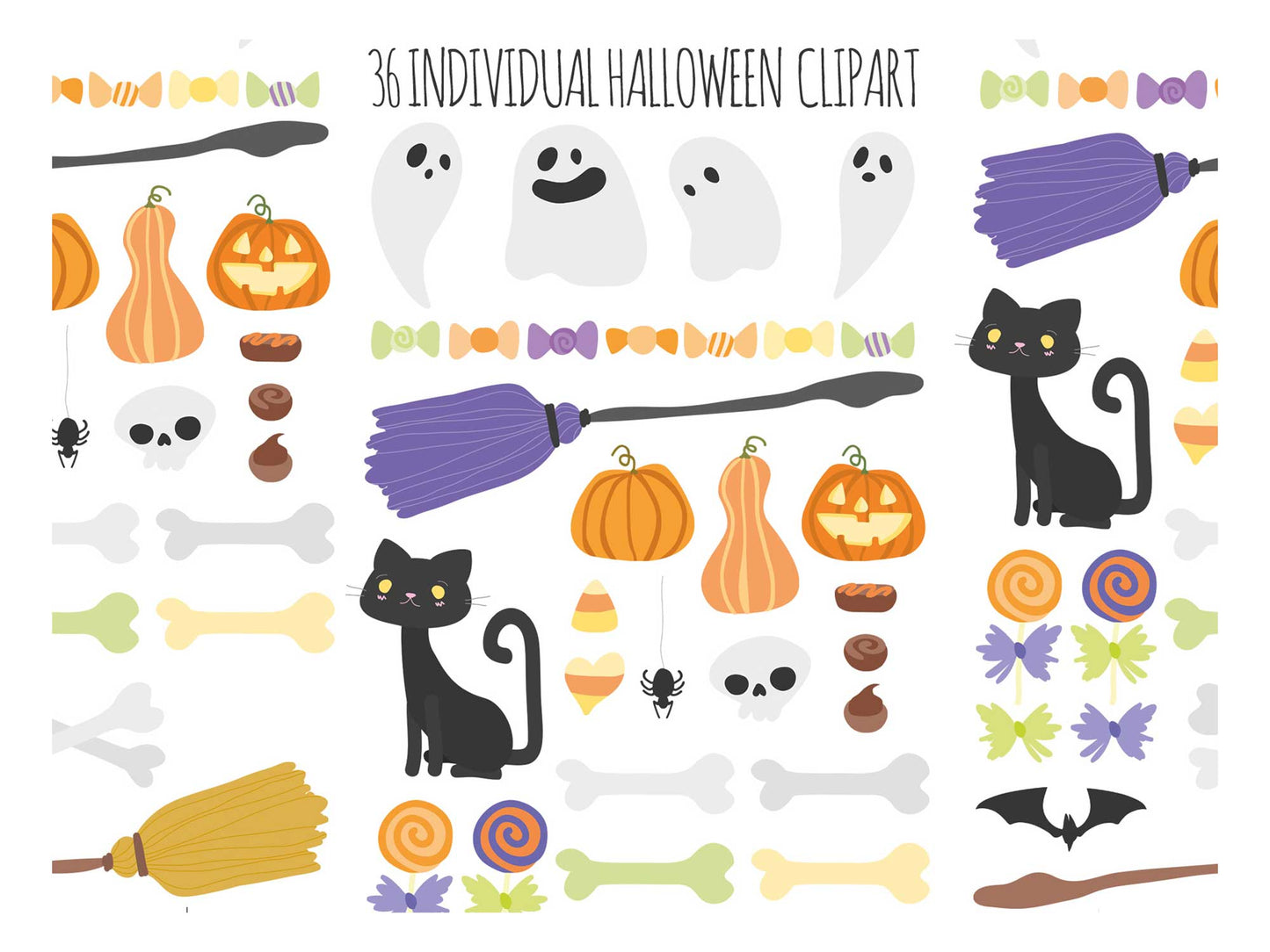 Halloween Digital ClipArt Set | 36 Spooky PNG Elements with Pumpkins, Bats & Ghosts | Transparent Background | 300 DPI