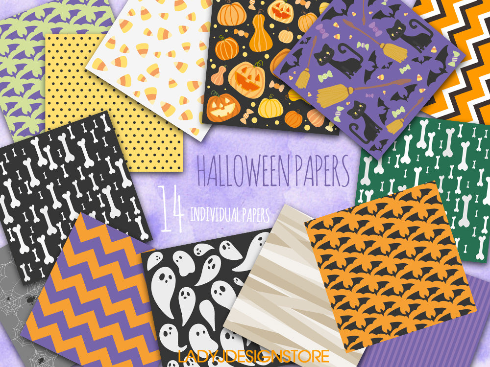 Halloween Spooky Printable Papers | 14 Digital Backgrounds with Pumpkins, Bats, Bones & Ghosts | 12x12” Halloween Digital Paper Pack | 300 DPI