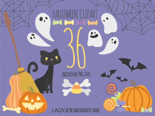 Halloween Digital ClipArt Set | 36 Spooky PNG Elements with Pumpkins, Bats & Ghosts | Transparent Background | 300 DPI