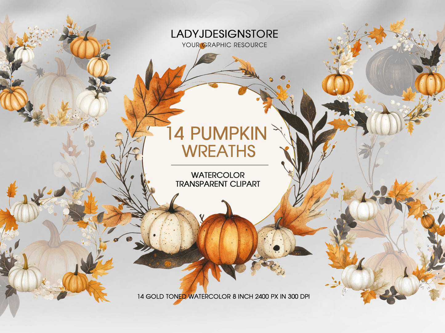 Autumn Pumpkin Wreaths Watercolor Fall Clipart