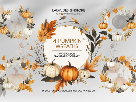 Autumn Pumpkin Wreaths Watercolor Fall Clipart