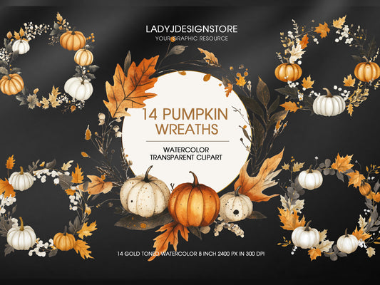 Autumn Pumpkin Wreaths Watercolor Fall Clipart