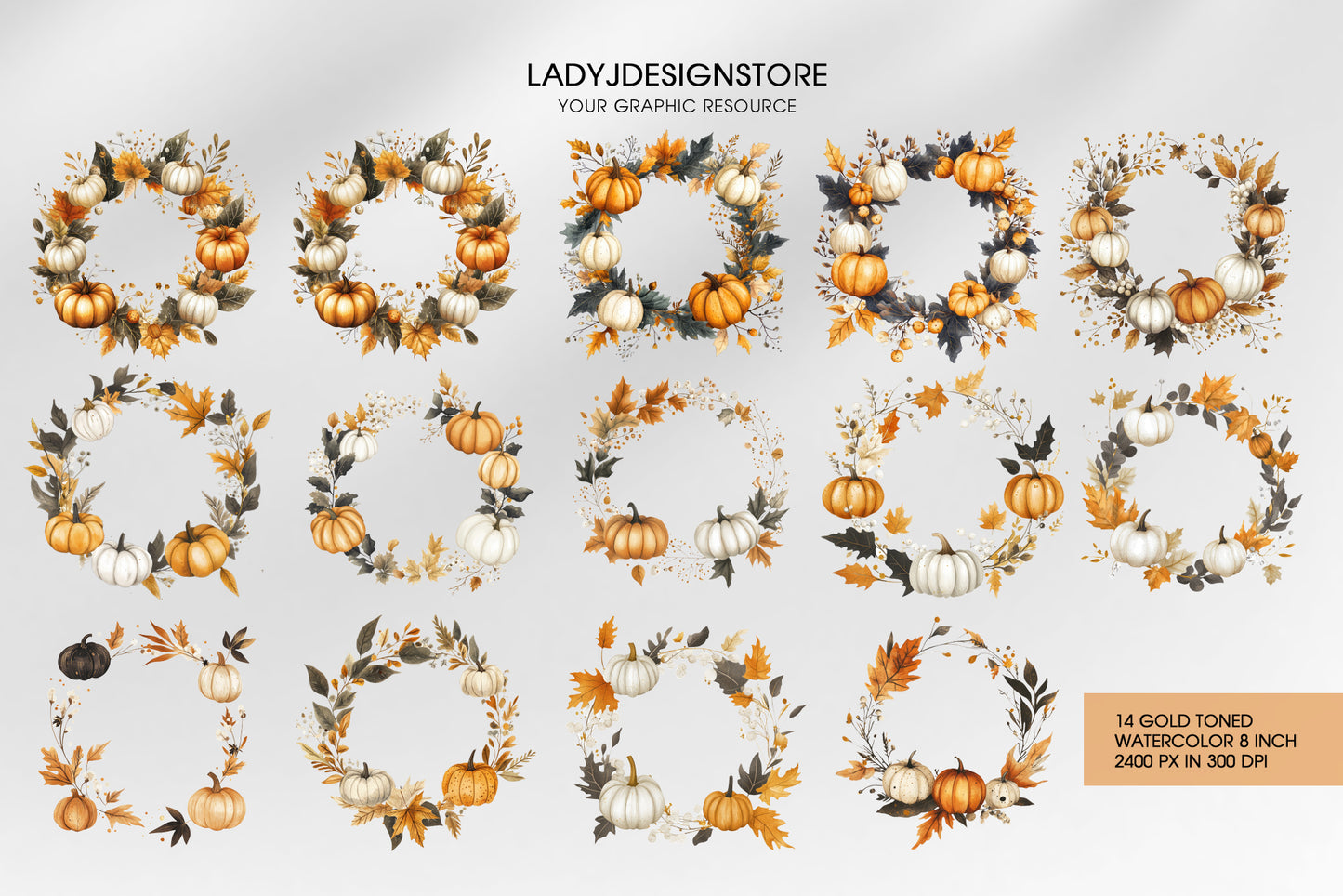 Autumn Pumpkin Wreaths Watercolor Fall Clipart