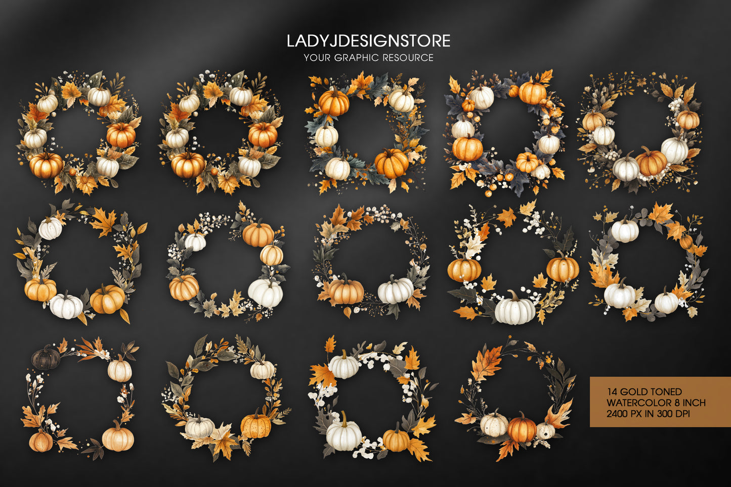 Autumn Pumpkin Wreaths Watercolor Fall Clipart