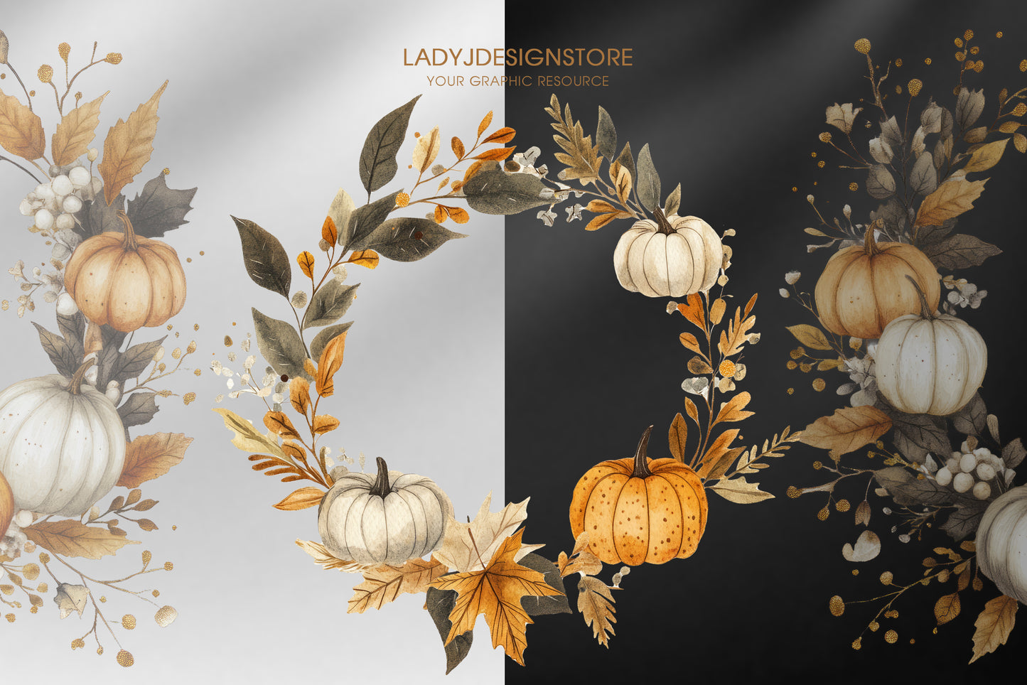 Autumn Pumpkin Wreaths Watercolor Fall Clipart