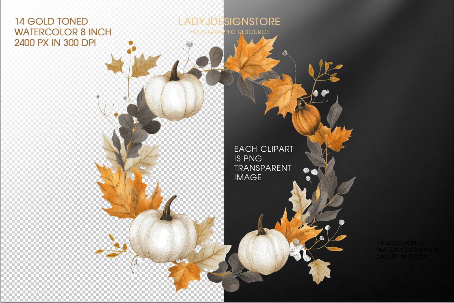 Autumn Pumpkin Wreaths Watercolor Fall Clipart