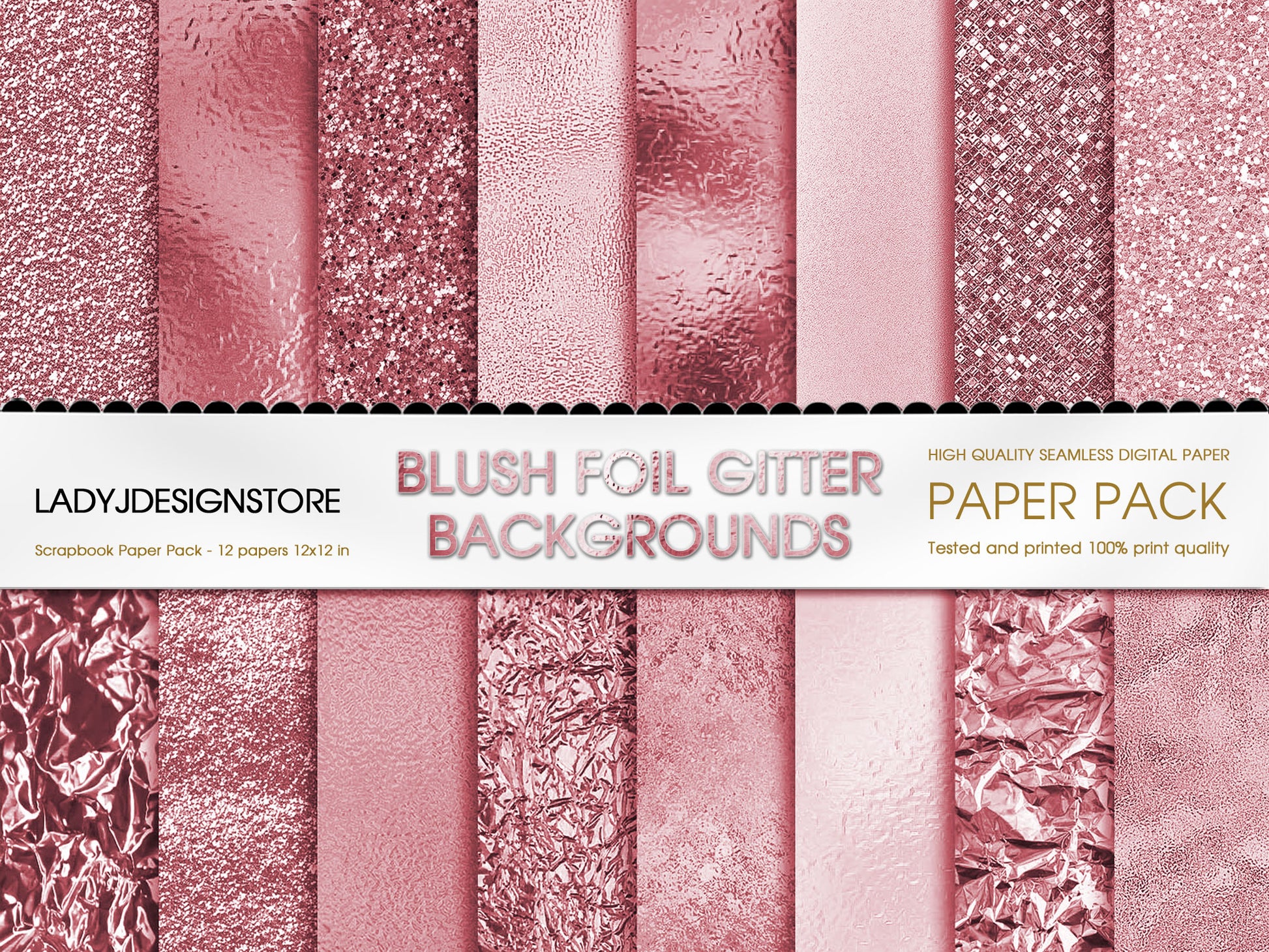 Foil Glitter Digital Paper Bundle 224 Blush Seamless Digital Papers Pack