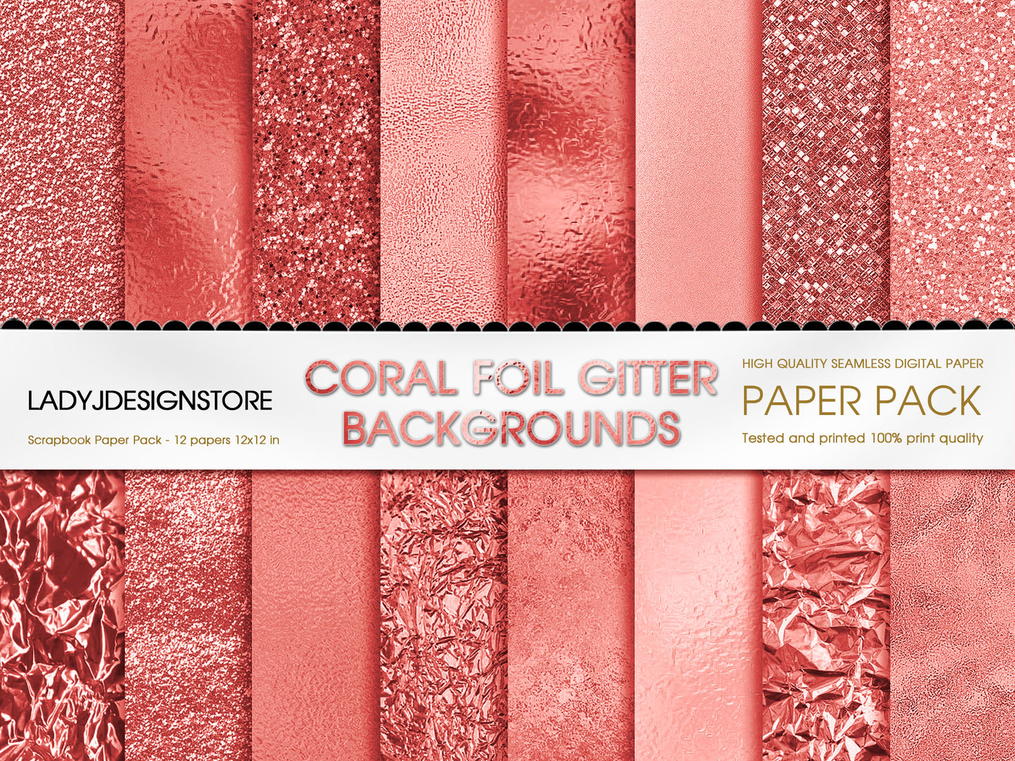 Foil Glitter Digital Paper Bundle 224 Coral Seamless Digital Papers Pack