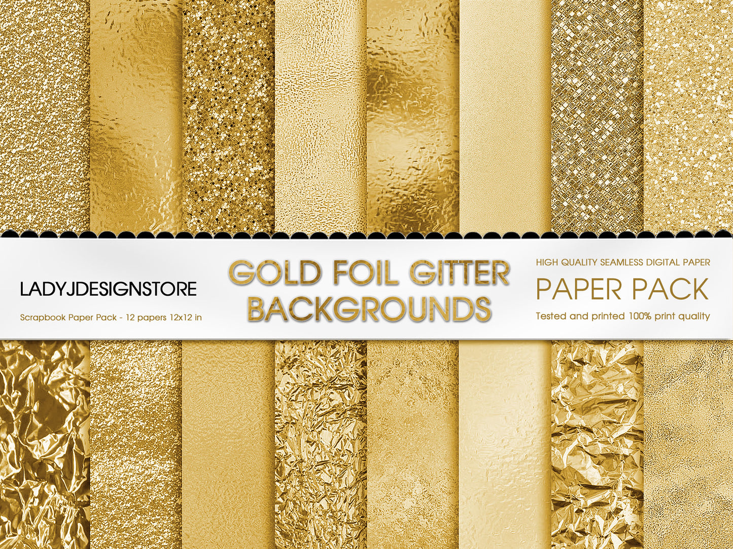 Foil Glitter Digital Paper Bundle 224  goldSeamless Digital Papers Pack
