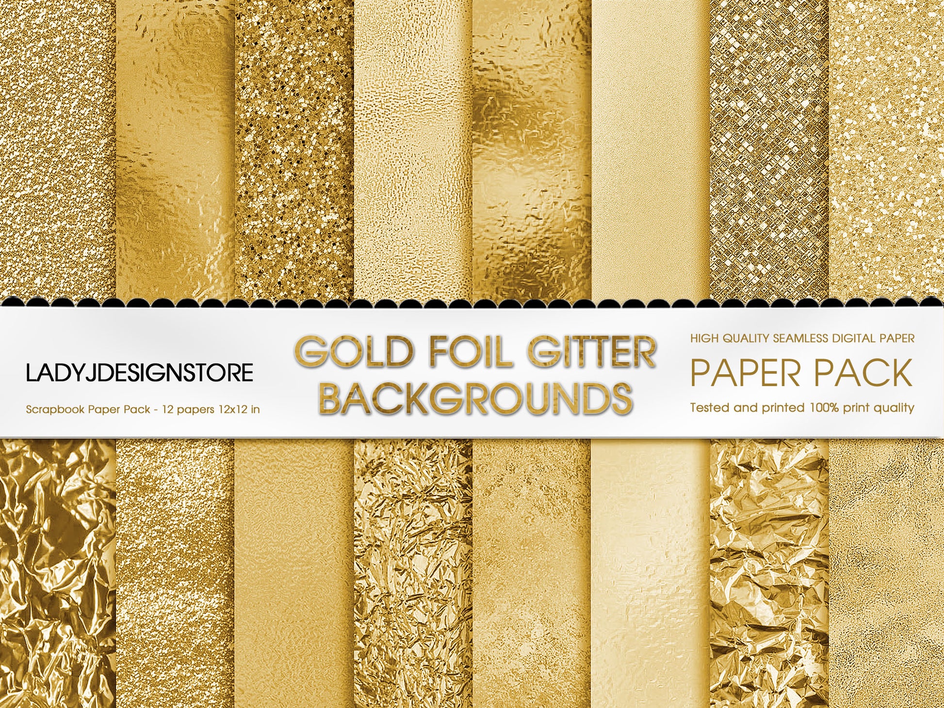 Foil Glitter Digital Paper Bundle 224  goldSeamless Digital Papers Pack