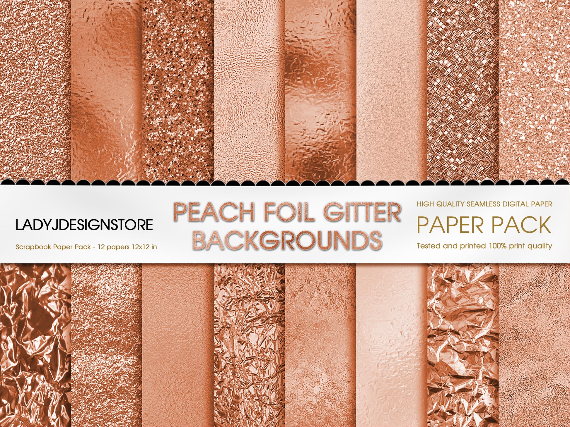 Foil Glitter Digital Paper Bundle 224 Peach Seamless Digital Papers Pack