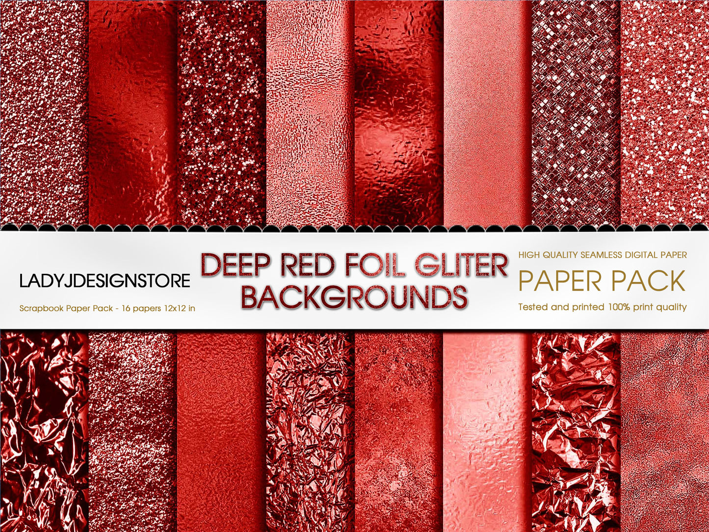 Foil Glitter Digital Paper Bundle 224 Deep Red Seamless Digital Papers Pack