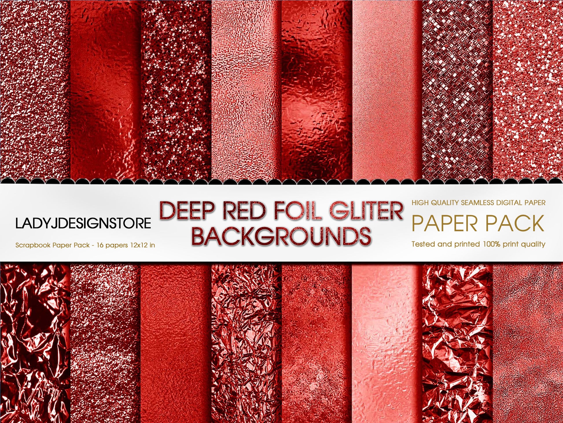 Foil Glitter Digital Paper Bundle 224 Deep Red Seamless Digital Papers Pack