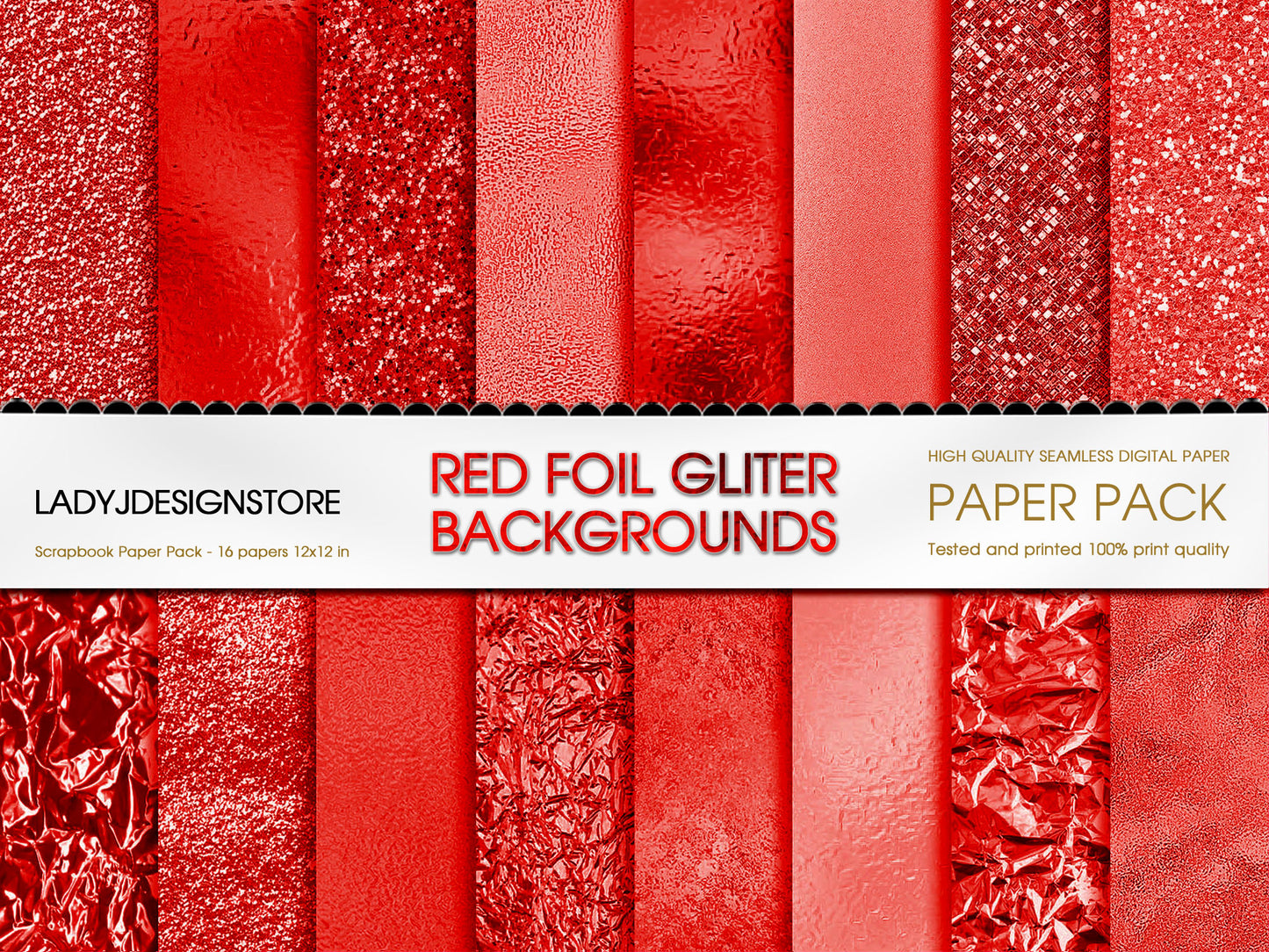 Foil Glitter Digital Paper Bundle 224 Red Seamless Digital Papers Pack
