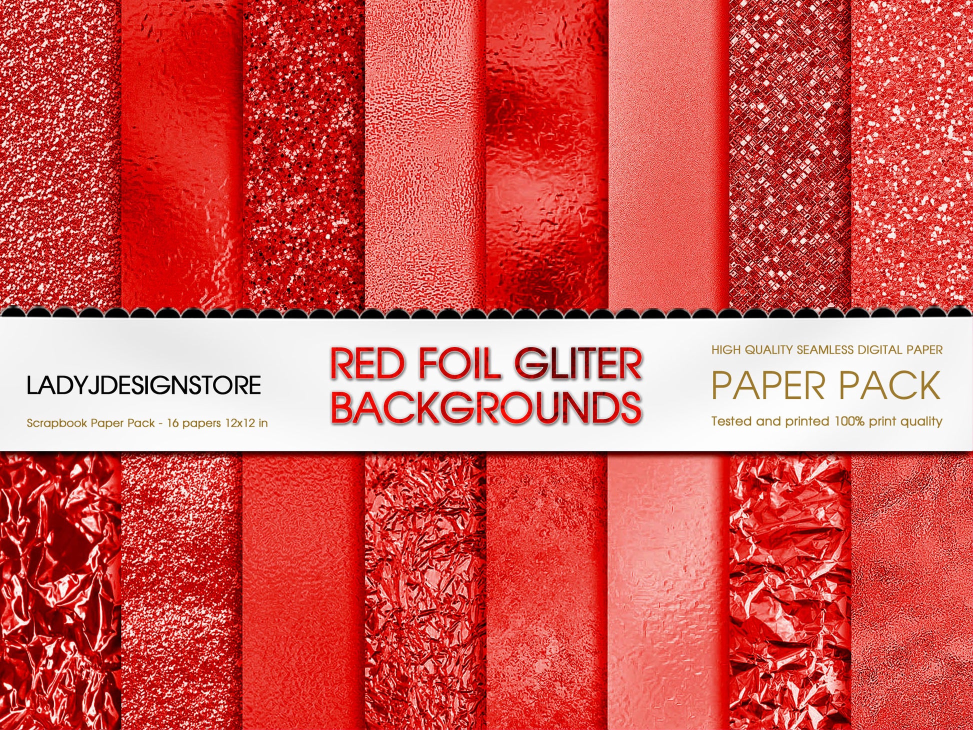 Foil Glitter Digital Paper Bundle 224 Red Seamless Digital Papers Pack