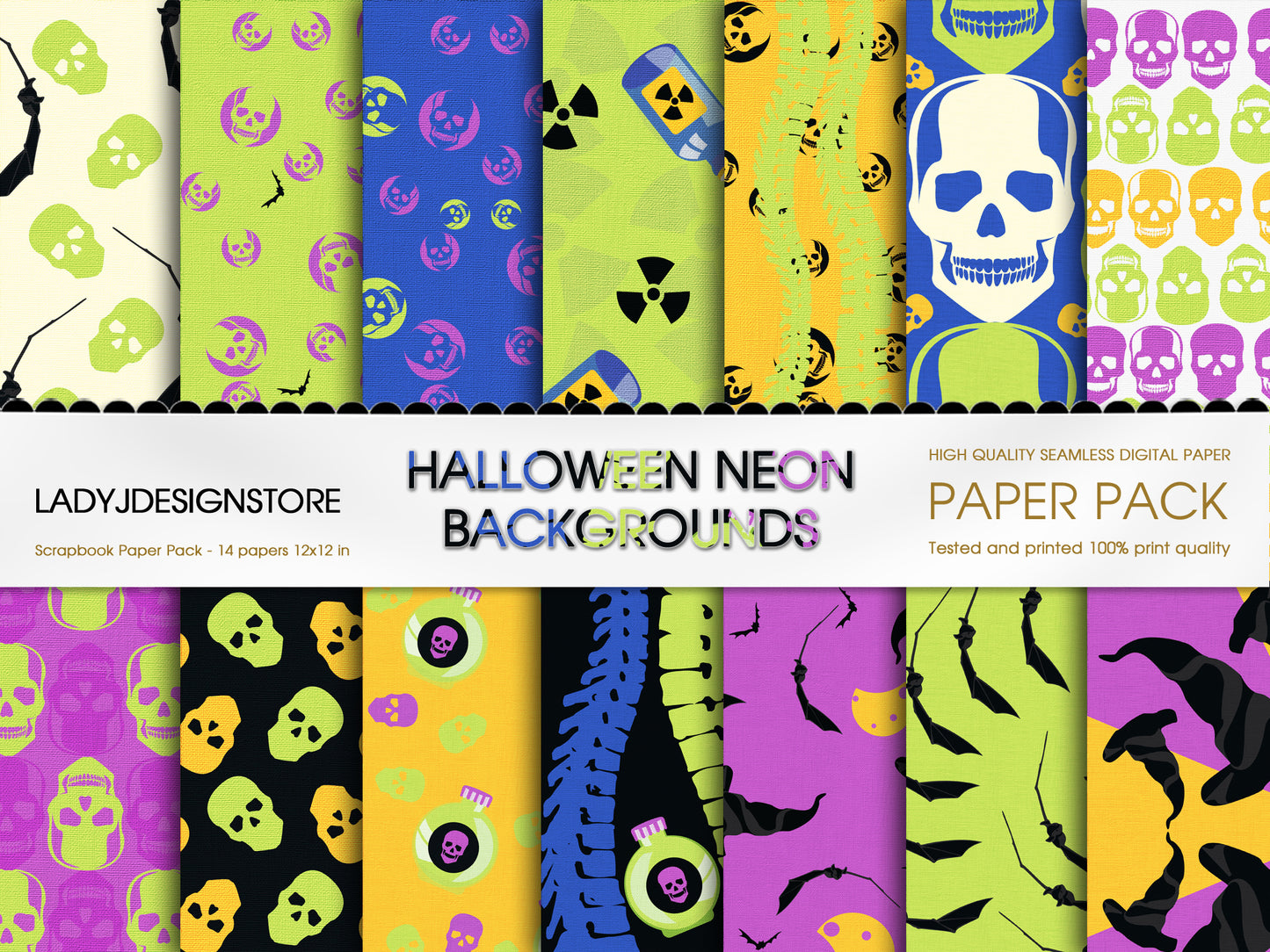 Halloween Neon Skulls Printable Papers