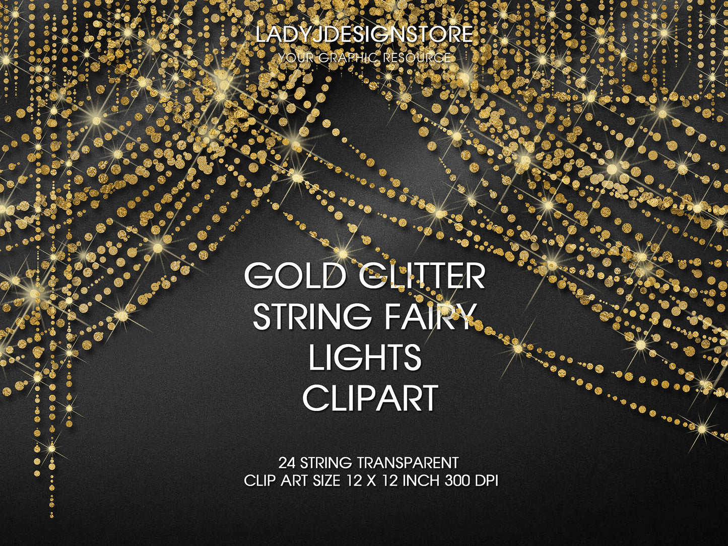 Gold Glitter String Fairy Lights Overlay PNG