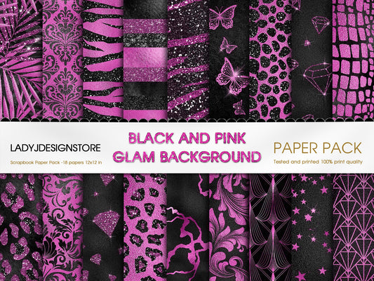 Black and Pink Glam Digital Paper  – Luxury Black Pink Textures & Glitter Backgrounds