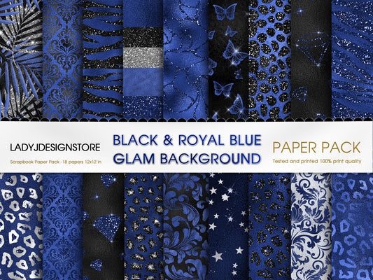 Black and Royal Blue Glam Digital Paper  – Luxury Glitter Backgrounds