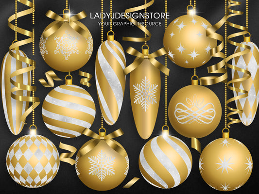 Gold and White Christmas Ornaments Clipart | Elegant Gold Baubles PNG | Digital Christmas Decorations