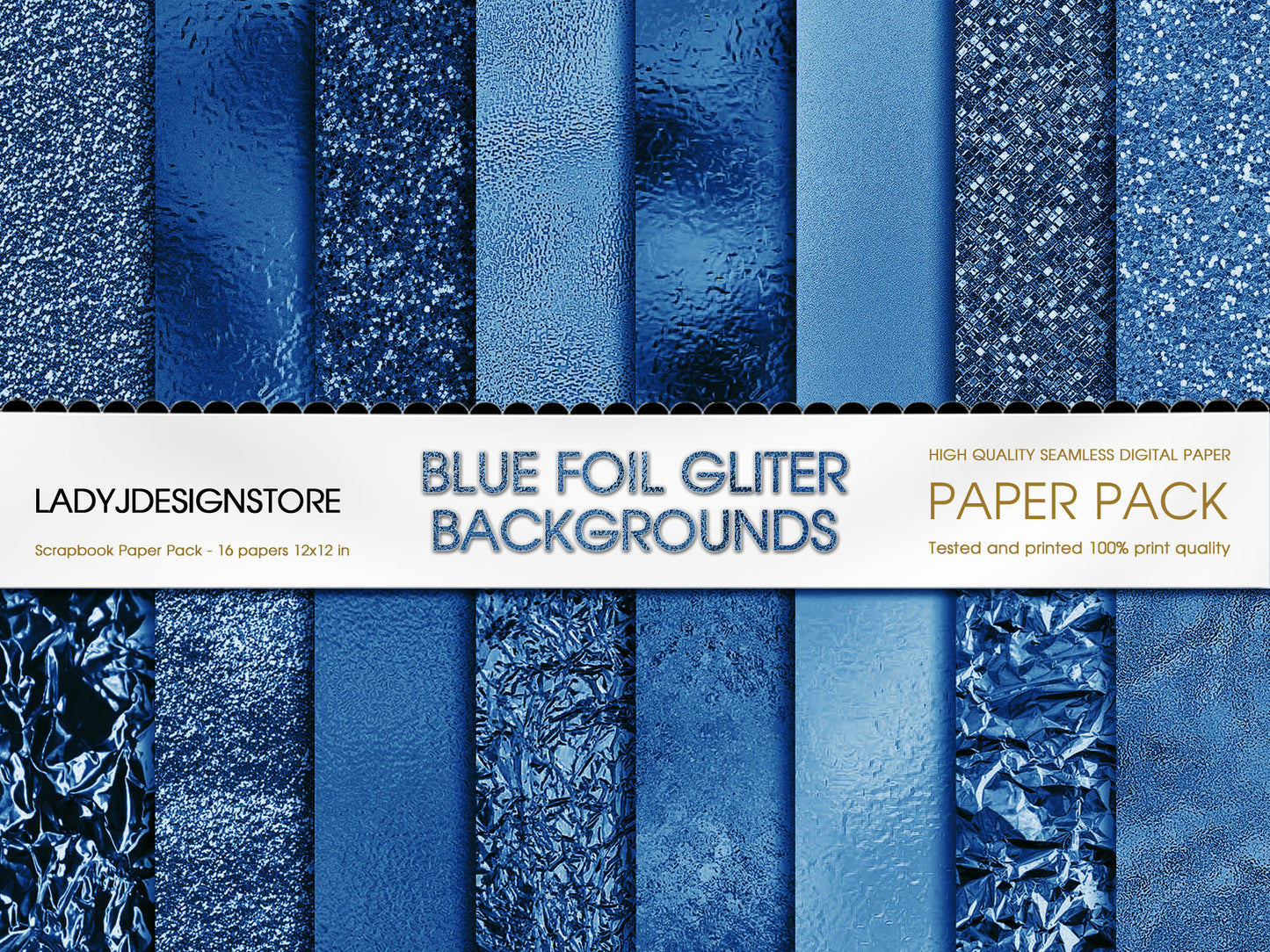 Foil Glitter Digital Paper Bundle 224 Blue Seamless Digital Papers Pack