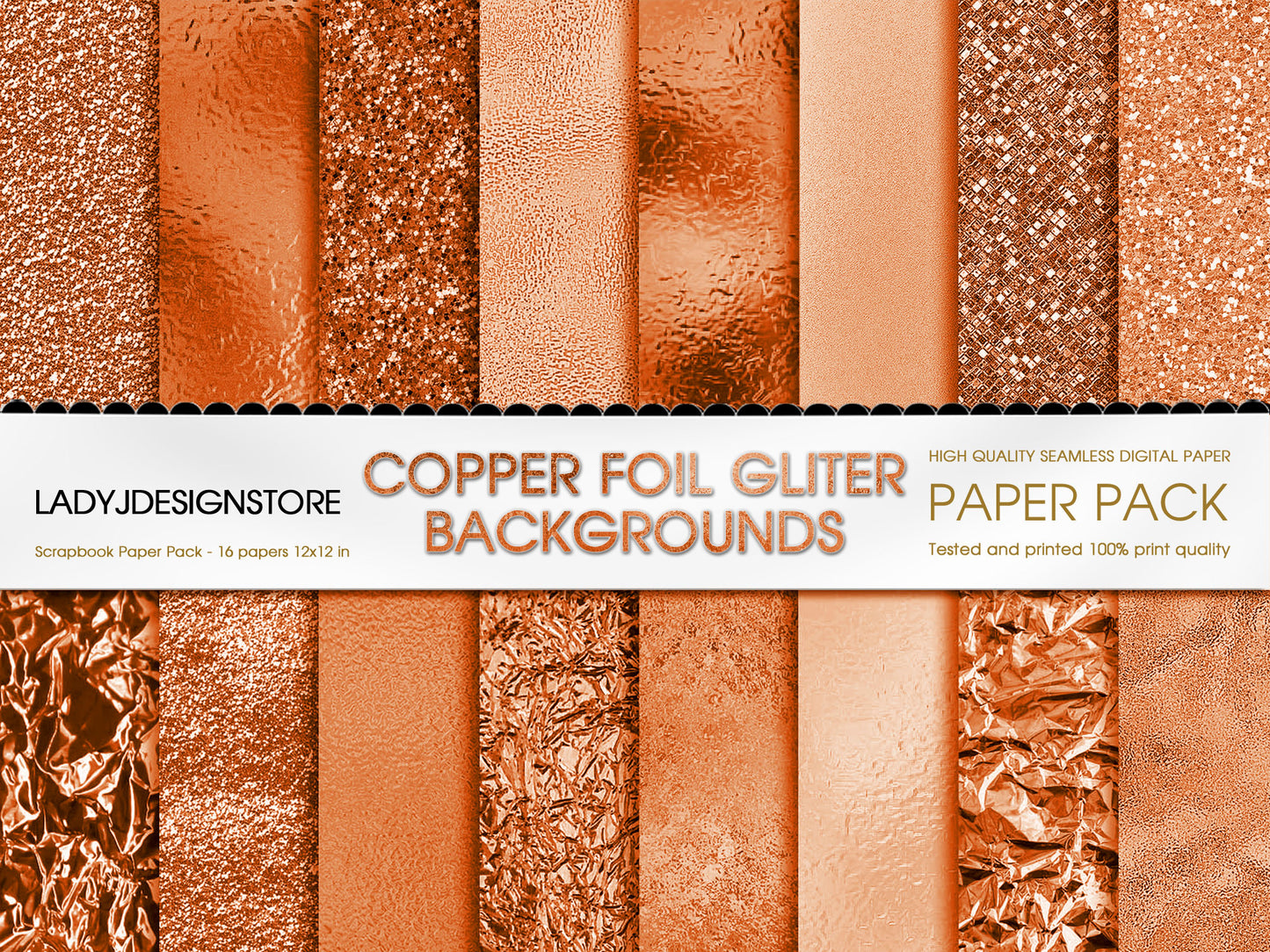 Foil Glitter Digital Paper Bundle 224 Copper Seamless Digital Papers Pack