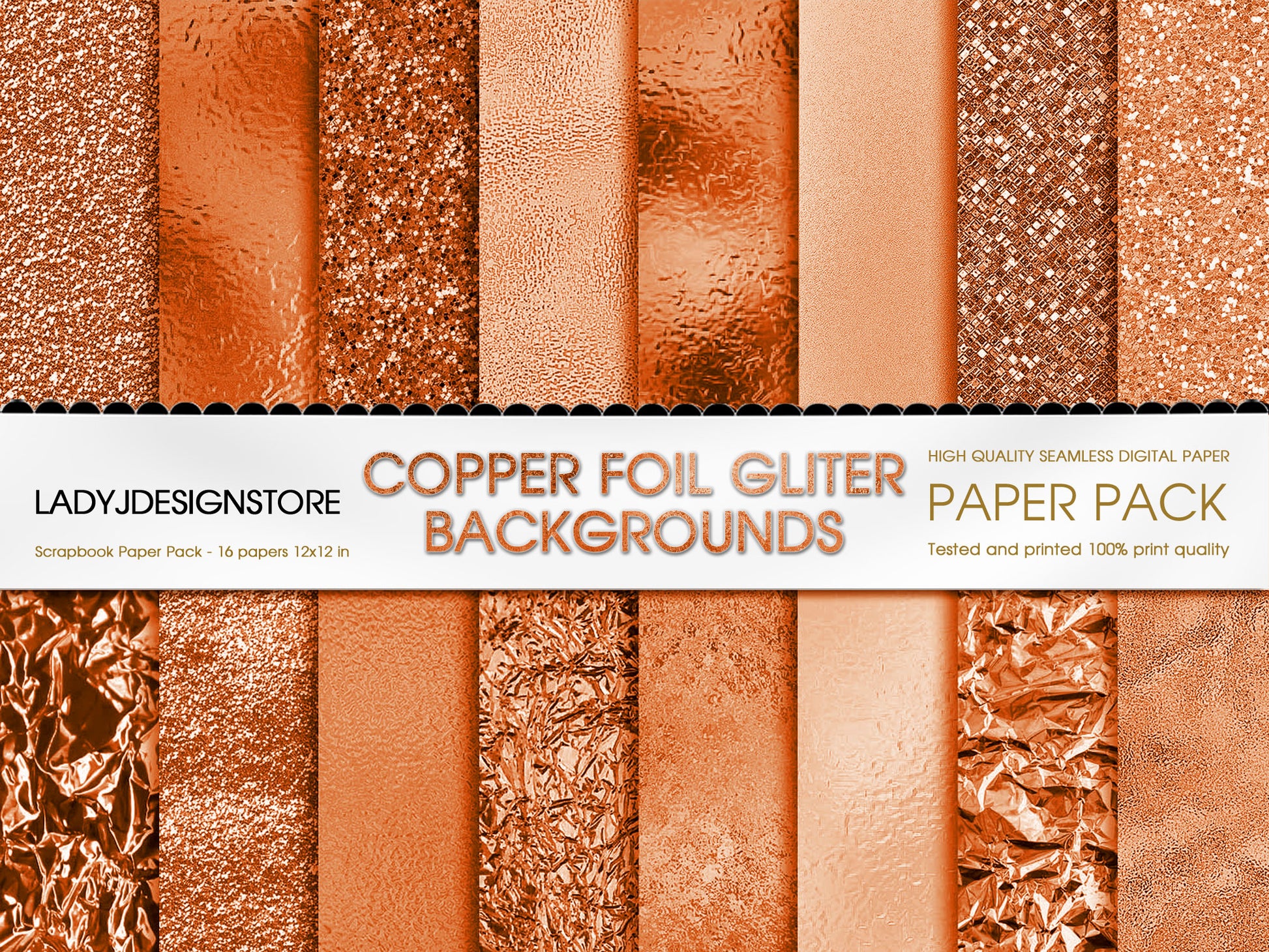 Foil Glitter Digital Paper Bundle 224 Copper Seamless Digital Papers Pack