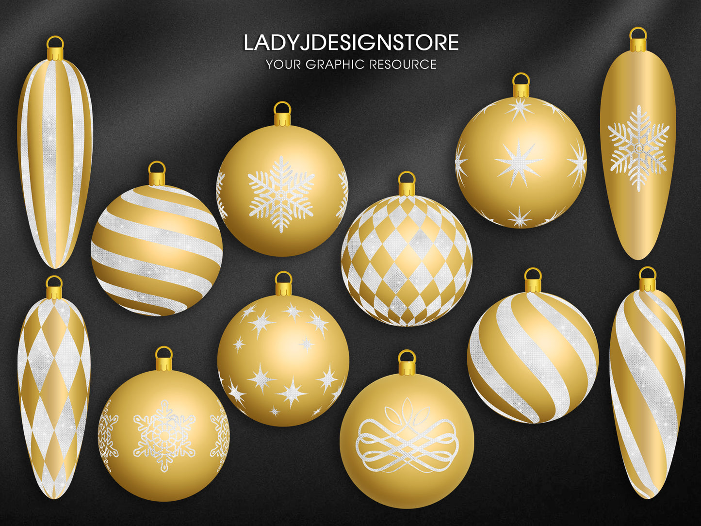 Gold and White Christmas Ornaments Clipart | Elegant Gold Baubles PNG | Digital Christmas Decorations
