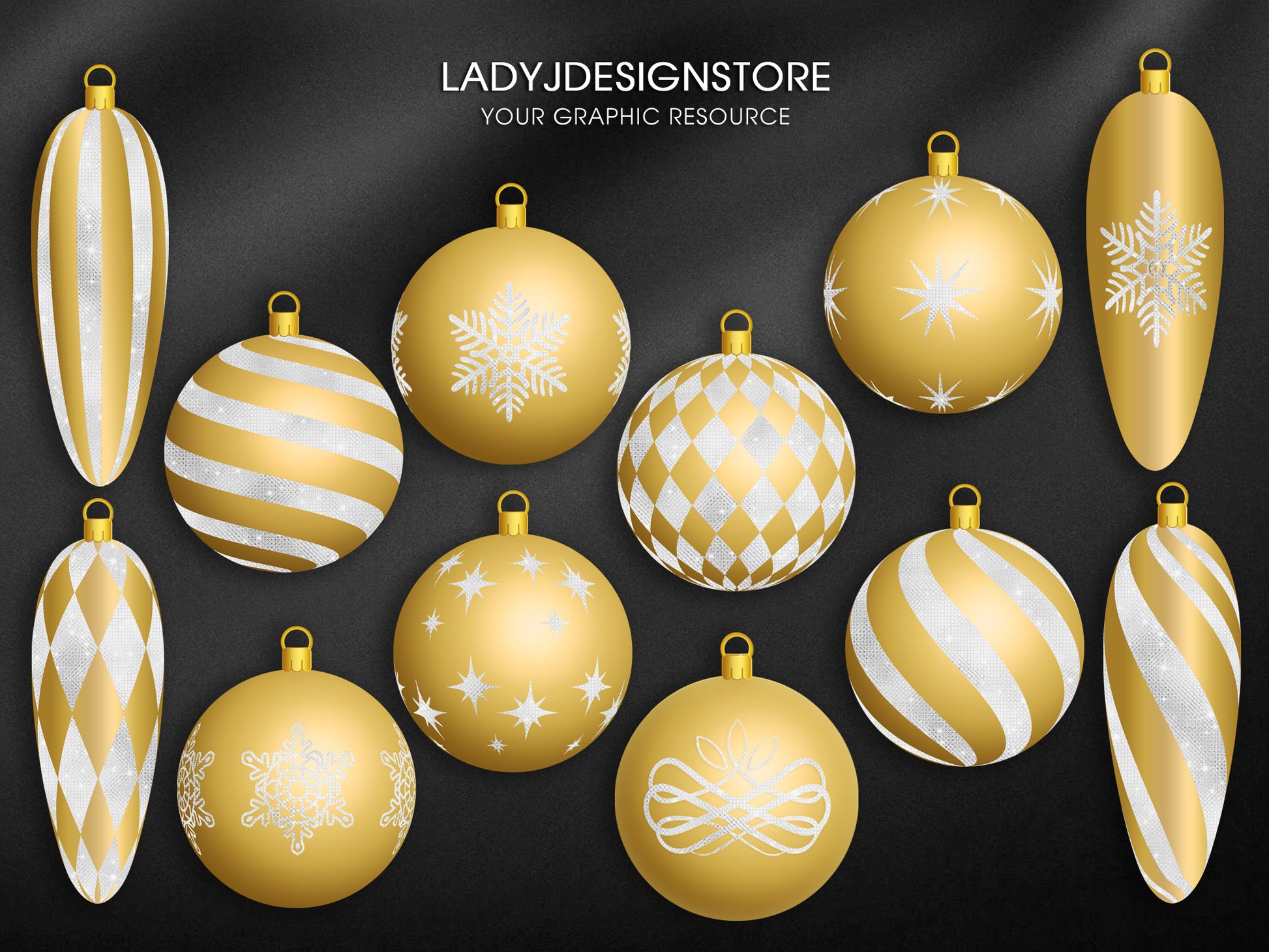Gold and White Christmas Ornaments Clipart | Elegant Gold Baubles PNG | Digital Christmas Decorations
