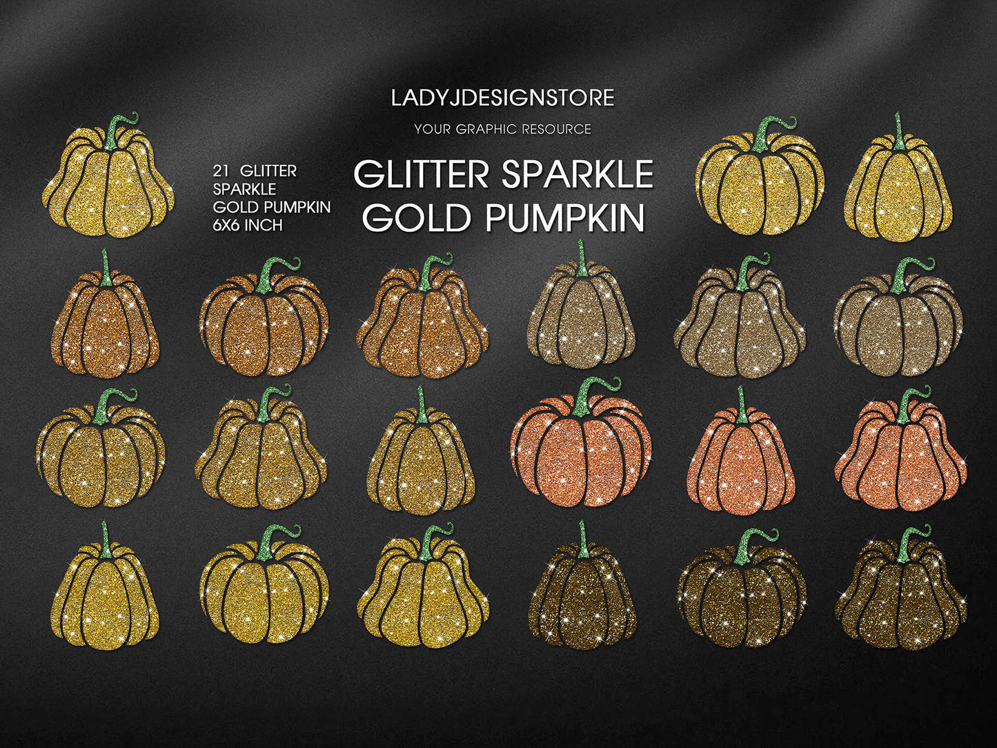 Glitter sparkle gold pumpkins PNG transparent Clip Art ladyjdesignstore